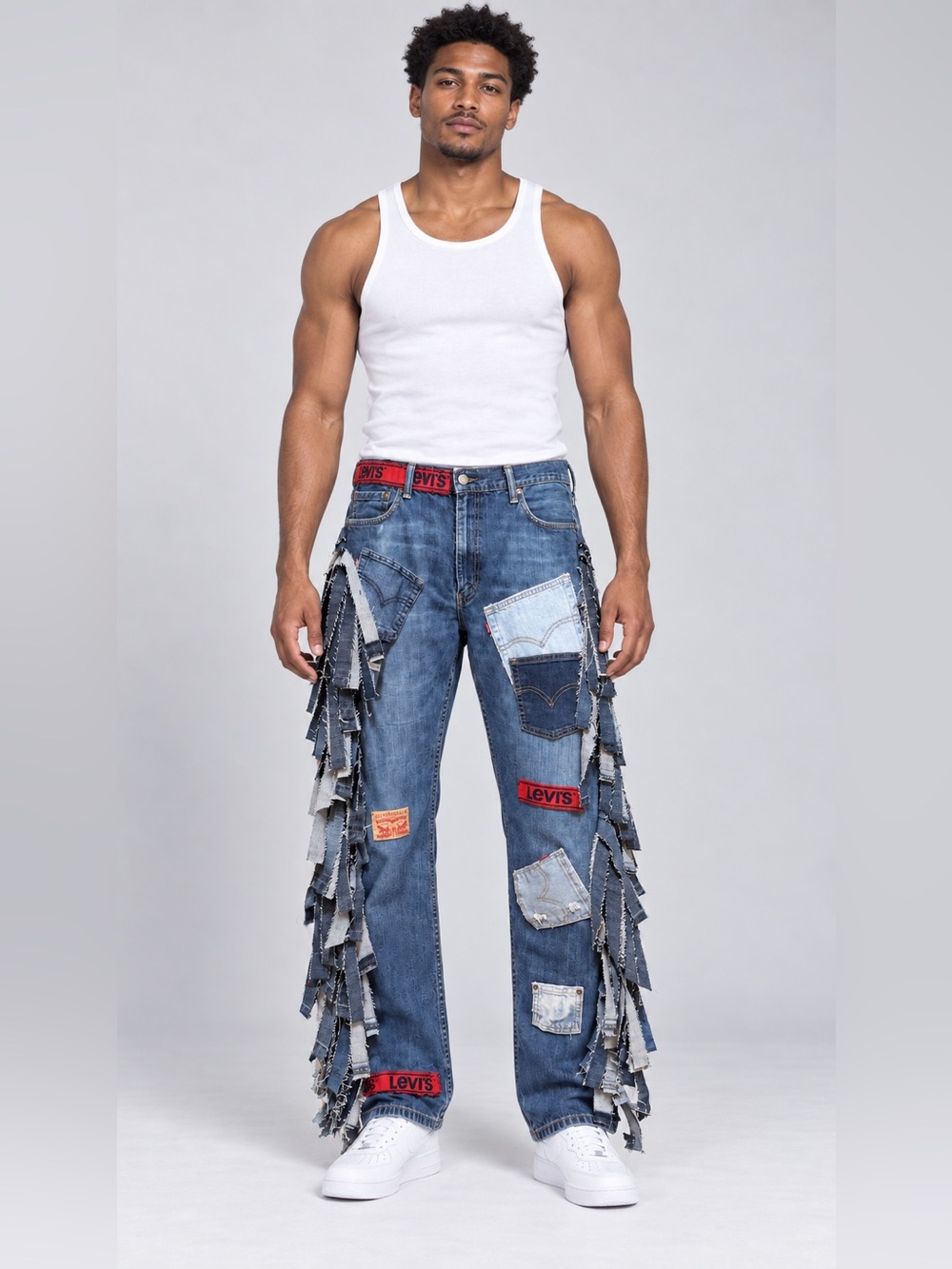 Upcycled reworked Levi's Men's Blue Patchwork Fringe-Trim Jeans with Red Accents